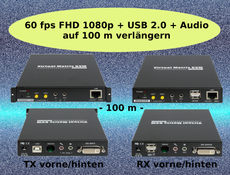 DVI, USB 2.0, Audio Extender-Set (1920x1200) über IP oder 1:1 bis 100 m, UNICLASS DX-131