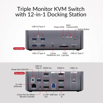Preview: 3-Monitor Hybrid KVM-Switch 1-PC (8K60Hz 4K165Hz -- 2x DP 1x HDMI) und 1x Notebook USB-C, AV Access iDock-B23