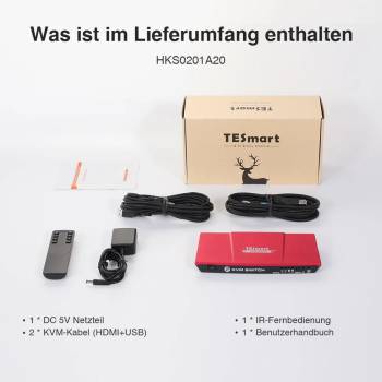 4K HDMI 2-Port KVM-Switch A2U 4K mit 60Hz 4:4:4 inkl. IR-Fernbedienung und PC-Kabel, TESmart HKS0201A2U HKS201-E23-EURD