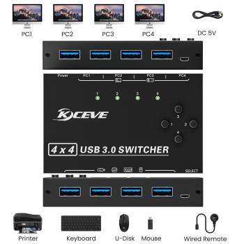 USB 3.0 Switch for 4 PCs, 4 in 4 Out USB Switch incl. 4 Cable and Remote-Switch, KCEVE KC-KM434