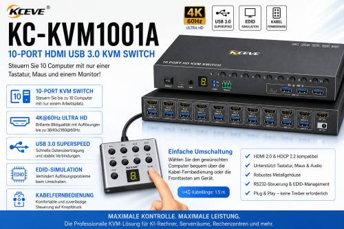 10-Port HDMI+USB3.0 KVM-Switch 4K60Hz with EDID-Simulation incl. Cable-Remote-Control, KCEVE KC-KVM1001A