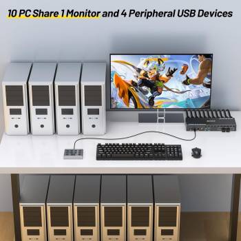 Preview: 10-Port HDMI+USB3.0 Desktop KVM-Switch 4K60Hz mit EDID-Simulation inkl. Kabelfernbedienung, KCEVE KC-KVM1001A