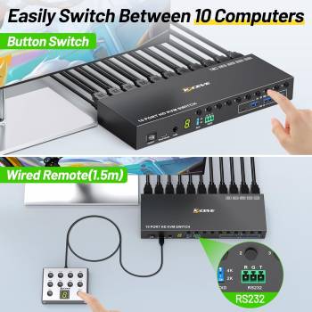 10-Port HDMI+USB3.0 Desktop KVM-Switch 4K60Hz mit EDID-Simulation inkl. Kabelfernbedienung, KCEVE KC-KVM1001A