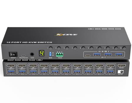10-Port HDMI+USB3.0 Desktop KVM-Switch 4K60Hz mit EDID-Simulation inkl. Kabelfernbedienung, KCEVE KC-KVM1001A