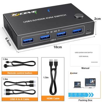 2-Port 4K60Hz HDMI USB3.0 KVM-Switch with EDID-Emulation and wired Controller, KCEVE KC-KVM201A