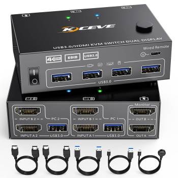 2-Port Dual-Monitor 4K60Hz HDMI+HDMI USB3.0 KVM-Switch with Cable Remote Control, KCEVE KC-KVM202AS