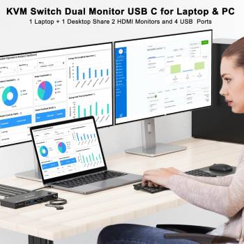 Notebook with USB-C and PC with DPP+HDMI+USB3.0 Dual-Monitor KVM-Switch with Cable Remote Control, KCEVE KC-KVM202CDH