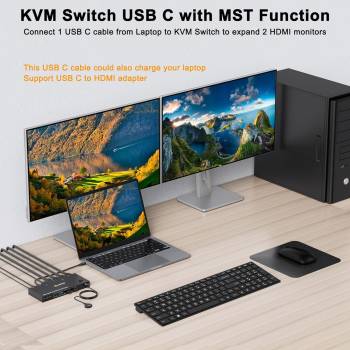 Notebook with USB-C and PC with DPP+HDMI+USB3.0 Dual-Monitor KVM-Switch with Cable Remote Control, KCEVE KC-KVM202CDH