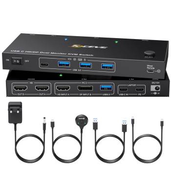 Notebook with USB-C and PC with DPP+HDMI+USB3.0 Dual-Monitor KVM-Switch with Cable Remote Control, KCEVE KC-KVM202CDH