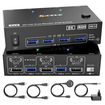 2-Port Dual-Monitor 4K60Hz DP+HDMI USB3.0 KVM-Switch with Cable Remote Control and PC Cable