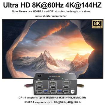2-PC, Dreifach-Monitor mit 1x HDMI 8K60Hz und 2x DP 4K144Hz KVM-Switch mit 4x USB 3.0, KC-KVM203DH
