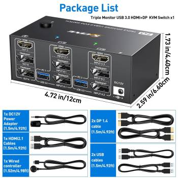 2-PC, Dreifach-Monitor mit 1x HDMI 8K60Hz und 2x DP 4K144Hz KVM-Switch mit 4x USB 3.0, KC-KVM203DH