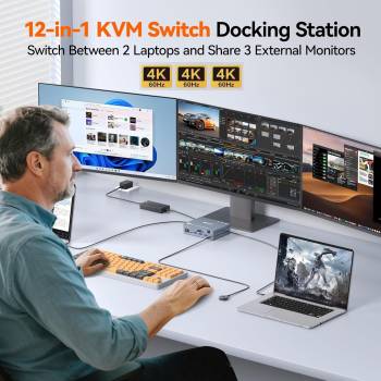 Preview: 2x Notebook/MacBook an 3 Monitore und USB schaltbare TB4 Docking-Station LAN/2x50W-PD, KCEVE KC-KVM203DS