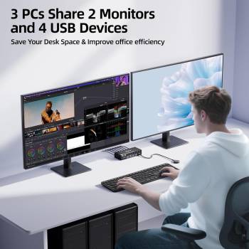 3-PC, 2-Monitor (1x HDMI 1x DP) 8K60Hz 4K144Hz KVM-Switch with 4-Port USB 3.0, KC-KVM302DH