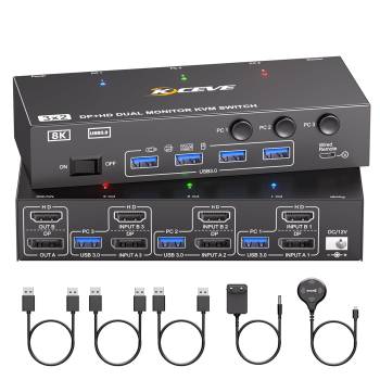 3-PC, 2-Monitor (1x HDMI 1x DP) 8K60Hz 4K144Hz KVM-Switch with 4-Port USB 3.0, KC-KVM302DH