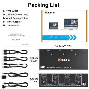 3-PC, Triple-Monitor (1x HDMI 2x DP) 8K or 4K up to 144Hz KVM-Switch with 4-Port USB 3.0, KC-KVM303DH