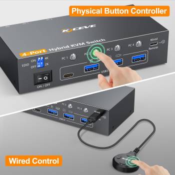 4-Port Mixed-In 2x HDMI-PC, 1x DP-PC, 1x USB-C (Notebook, Mini-PC) KVM-Switch mit USB 3.0 und HDMI-out, KCEVE KC-KVM401C