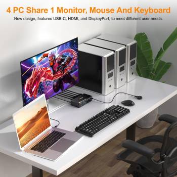 Preview: 4-Port Mixed-In 2x HDMI-PC, 1x DP-PC, 1x USB-C (Notebook, Mini-PC) KVM-Switch mit USB 3.0 und HDMI-out, KCEVE KC-KVM401C