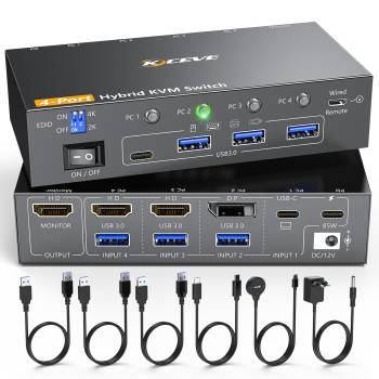 4-Port Mixed-In 2x HDMI-PC, 1x DP-PC, 1x USB-C (Notebook, Mini-PC) KVM-Switch mit USB 3.0 und HDMI-out, KCEVE KC-KVM401C