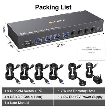 4-Port Dual-Monitor 4K DP 1.4 with up to 144 Hz and USB3.0 KVM-Switch with Cable Remote Control