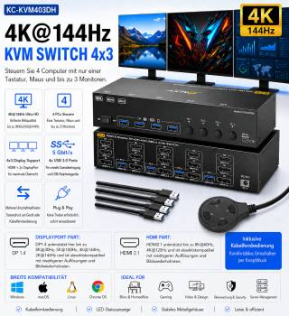 4-PC, Dreifach-Monitor (1x HDMI 2x DP) 4K bis 144Hz KVM-Switch mit 4-Port USB 3.0, KC-KVM403DH