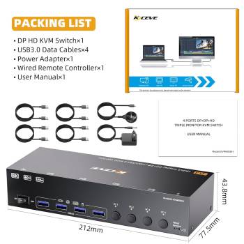 4-PC, Triple-Monitor (1x HDMI 2x DP) 4K up to 144Hz KVM-Switch with 4-Port USB 3.0, KC-KVM403DH