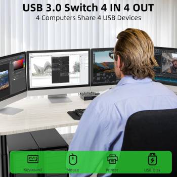 USB 3.0 Switch für 4 PCs, 4 in Typ-B an 4 out USB-A Umschalter inkl. 4x Kabel und Remote-Schalter, KCEVE KC-KM434B
