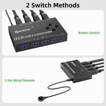 USB 3.0 Switch für 4 PCs, 4 in Typ-B an 4 out USB-A Umschalter inkl. 4x Kabel und Remote-Schalter, KCEVE KC-KM434B