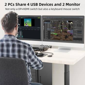 2-Port Dual-Monitor 8K60Hz HDMI+DP USB3.0 KVM-Switch mit Kabelfernbedienung und USB-Kabel, KCEVE KC-KVM8202DH