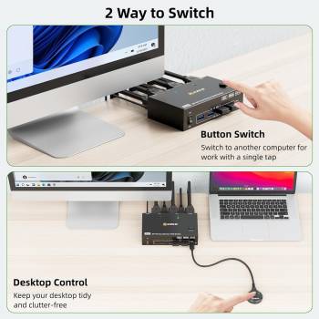 2-Port Dual-Monitor 8K60Hz HDMI+DP USB3.0 KVM-Switch mit Kabelfernbedienung und USB-Kabel, KCEVE KC-KVM8202DH