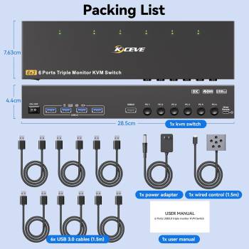 6-PC, Dreifach-Monitor (1x HDMI 2x DP) 4K bis 144Hz KVM-Switch mit 4-Port USB 3.0, KC-KVM963