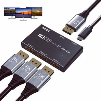 1-in-3-out DisplayPort DP 1.4 MST-Splitter-Vervielfacher 8K@30Hz 4K@144Hz, KCEVE KC-MSTD13