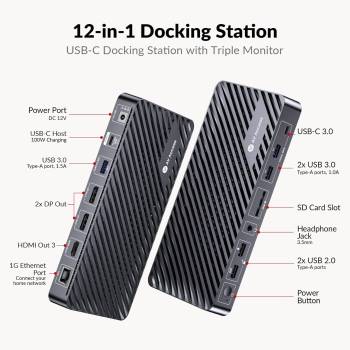 12-in1 USB-C Docking-Station for up to 3x 4K Monitors with integrated 100W PD Notebook Charging