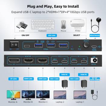 Preview: 2 Laptops an 3 Monitore USB-C MST-10GB KVM-Switch (2x 4K60Hz + 1x 1080P60Hz), 100W PD