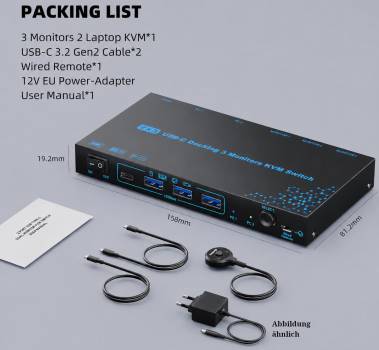 2 Laptops an 3 Monitore USB-C MST-10GB KVM-Switch (2x 4K60Hz + 1x 1080P60Hz), 100W PD