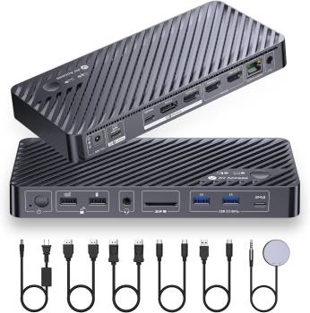 Hybrid Dual-Monitor KVM-Switch for PC and USB-C Notebook 2x 4K60Hz or 2K144Hz, AV Access iDock-P10