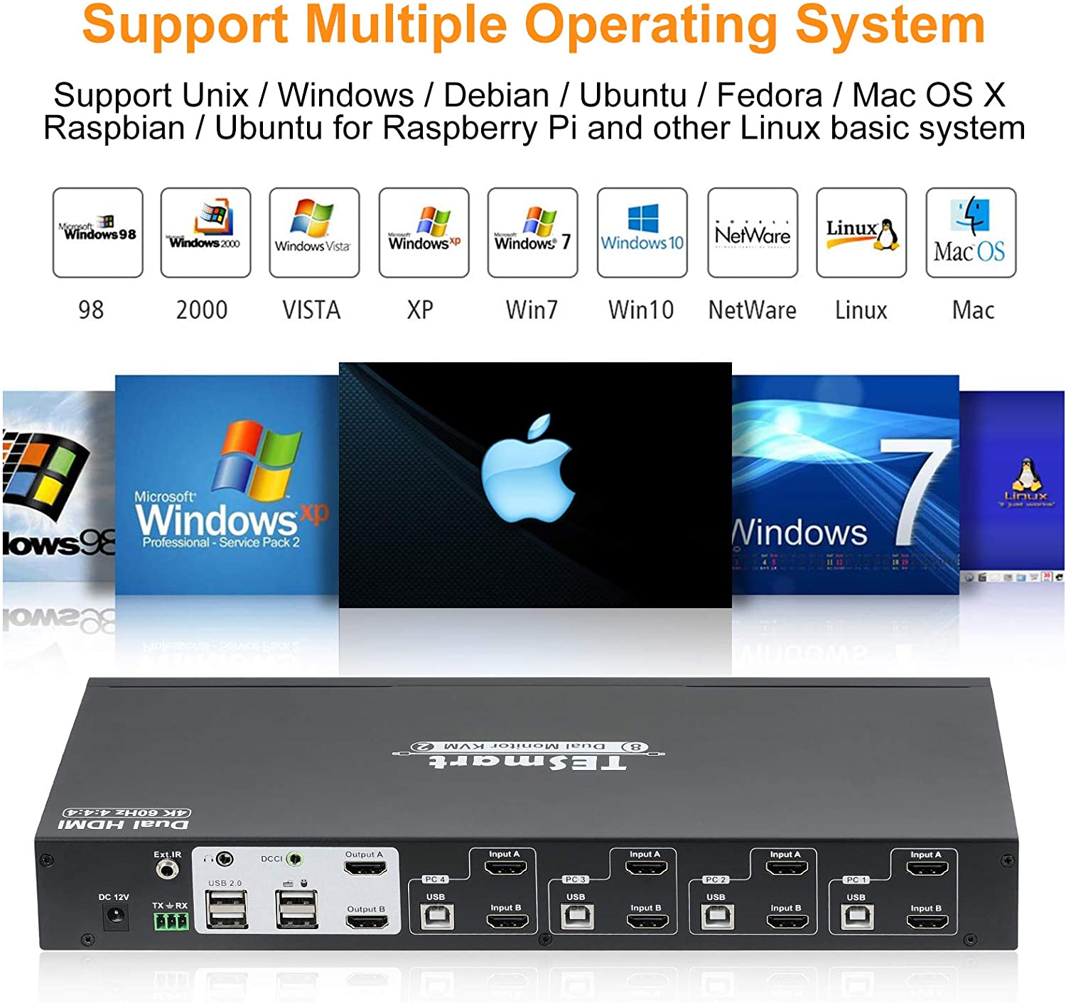 Dual Monitor 4K HDMI 4Port KVMSwitch 60Hz 444 incl. IRControl and Cable, TESmart HKS0802A1U