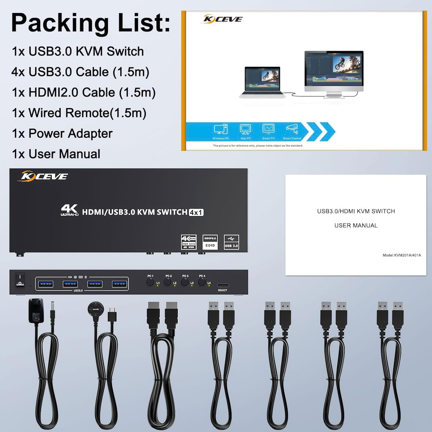 4-Port 4K60Hz HDMI USB3.0 KVM-Switch mit Kabelfernbedienung, KCEVE KC ...