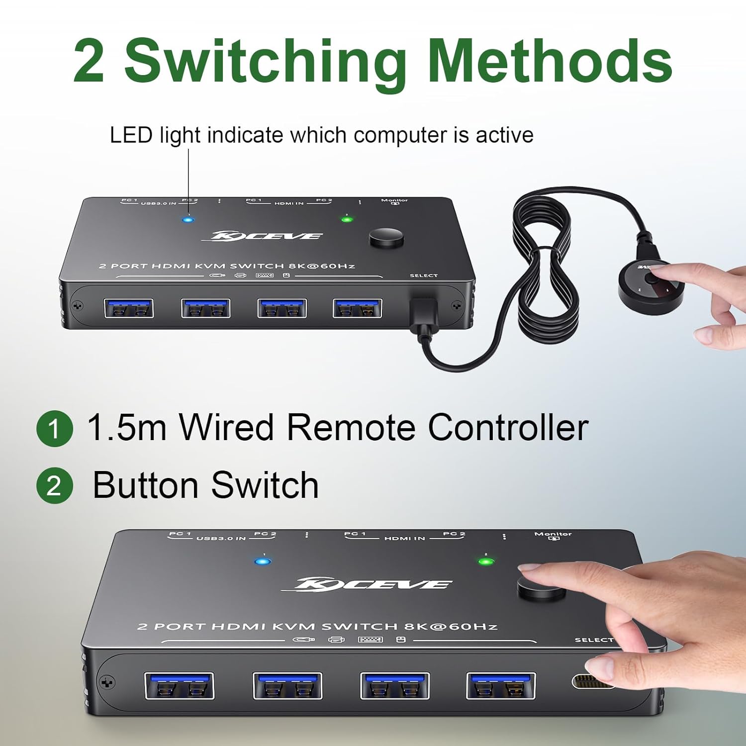 2Port 8K60Hz or 4K120Hz HDMI USB3.0 KVMSwitch with CableRemote and