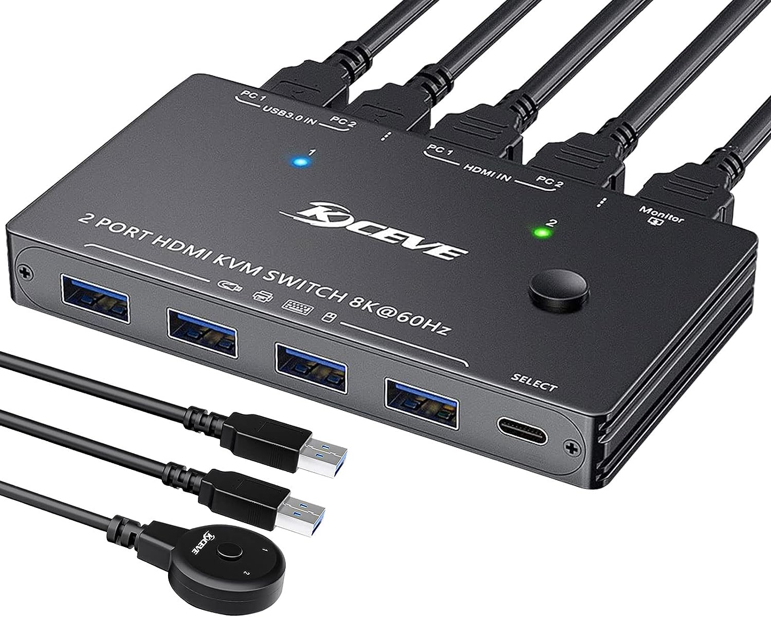 2Port 8K60Hz or 4K120Hz HDMI USB3.0 KVMSwitch with CableRemote and