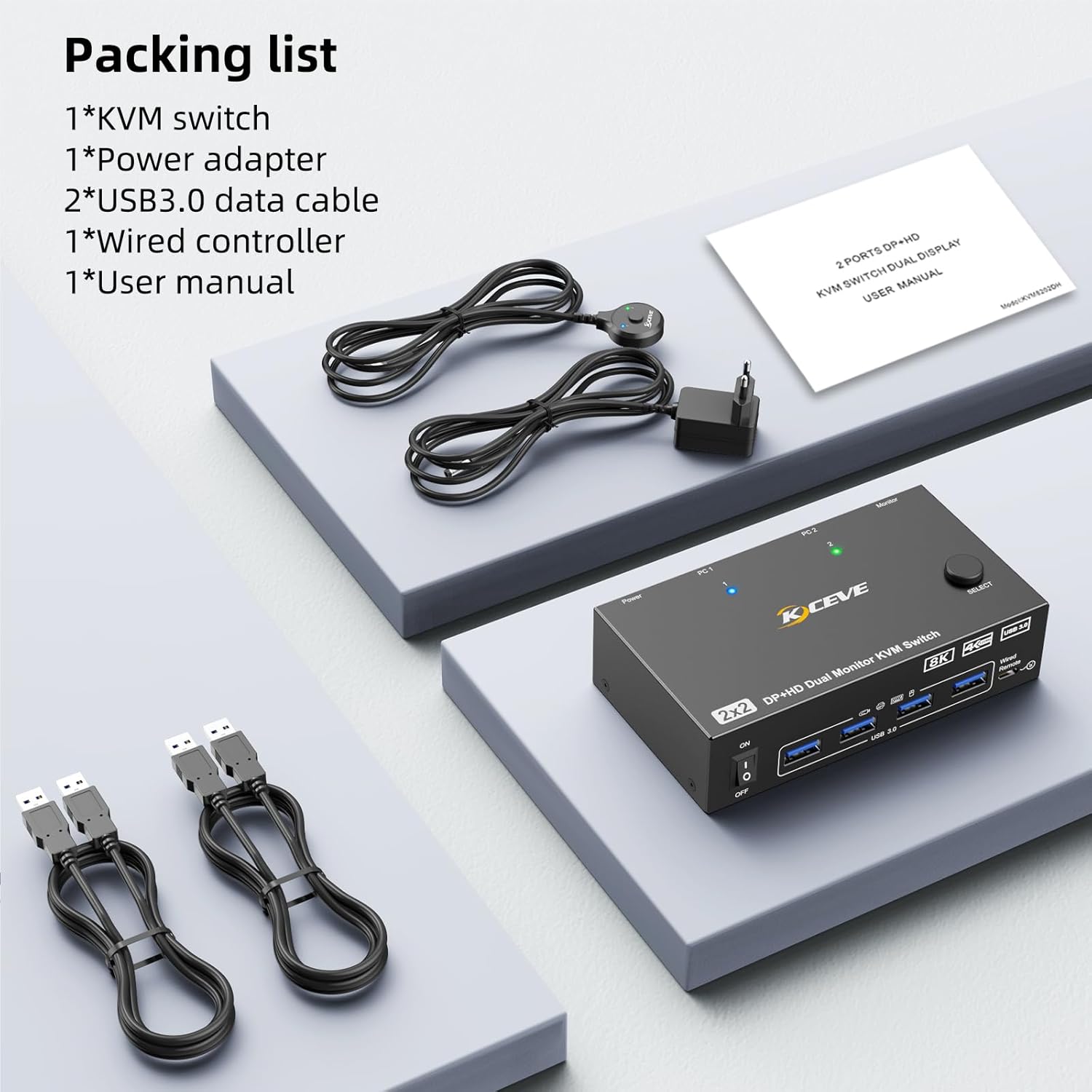2-Port Dual-Monitor 8K60Hz HDMI+DP USB3.0 KVM-Switch with Cable Remote ...