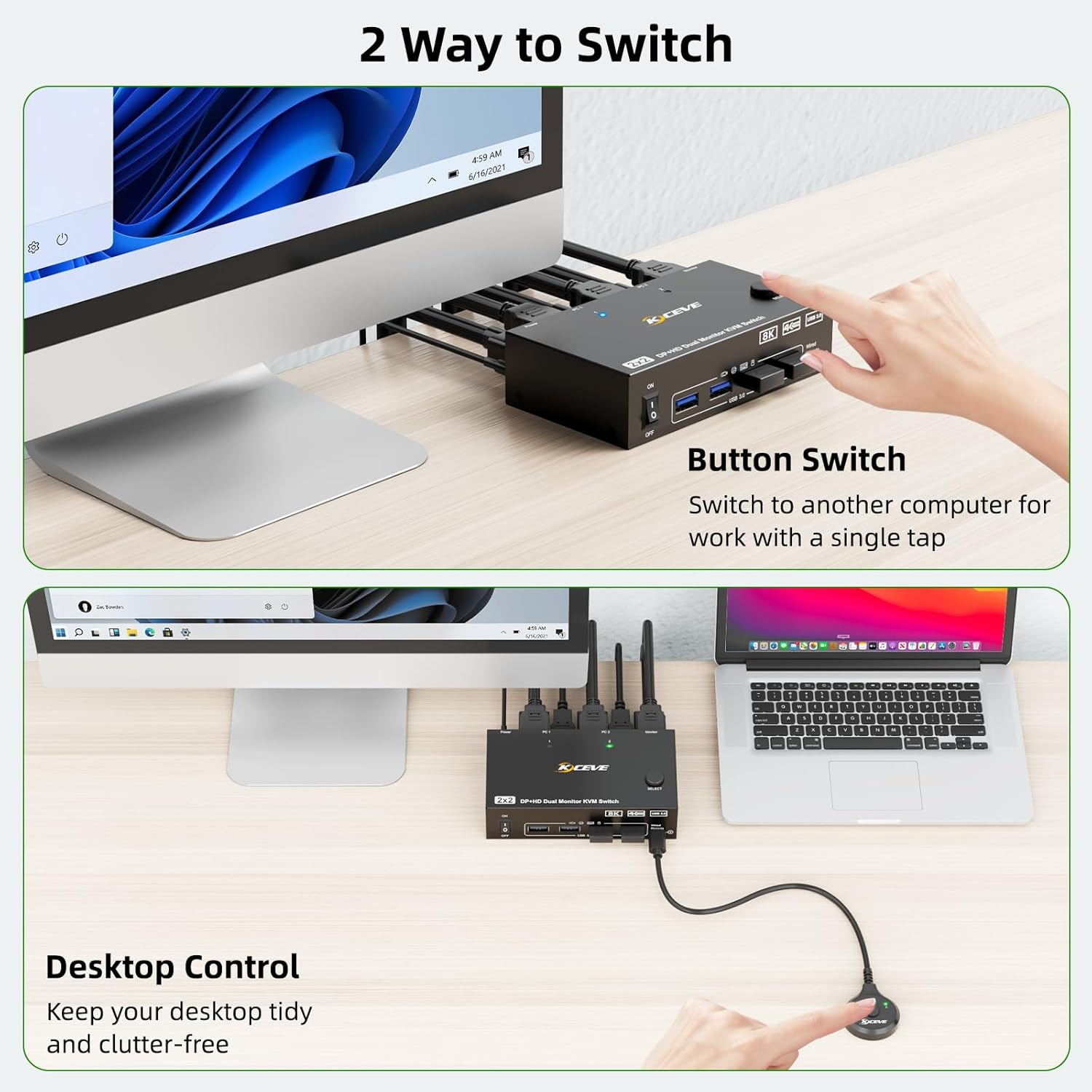 2-Port Dual-Monitor 8K60Hz HDMI+DP USB3.0 KVM-Switch with Cable Remote ...