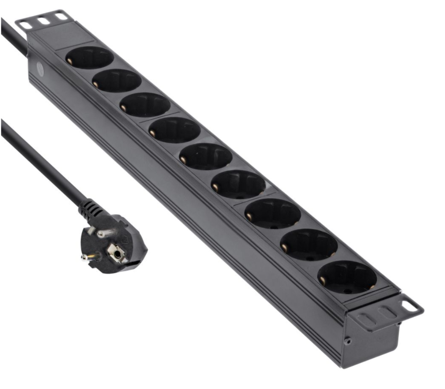 19 Zoll Steckdosenleiste, 9-fach Schutzkontakt, ohne Schalter, 2m, schwarz, InLine 16419I