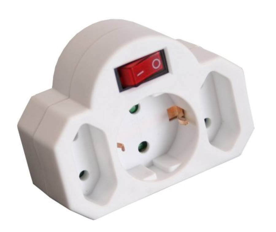 Euro-Schutzkontakt Adapter, Schutzkontakt Stecker an 2x Euro + 1x Schutzkontakt mit Schalter - 16695A