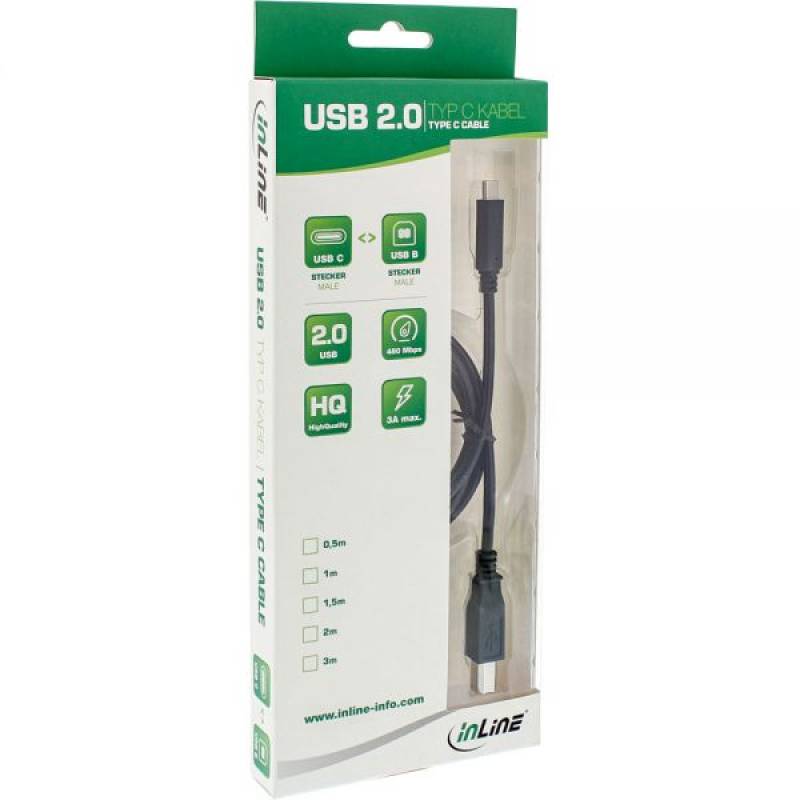 USB 2.0 Cable, Type C male to B male, black, 2m, InLine® 35762