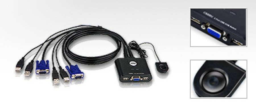 Aten CS22U 2-Port USB / VGA Kabel-KVM-Switch mit "Remote Selection Switch" und 0,9m Komplettverkabelung