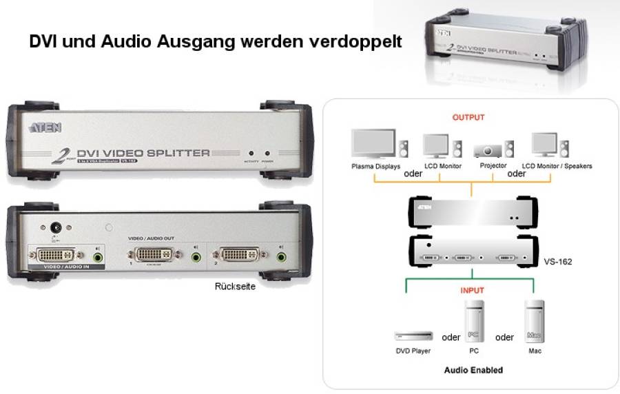 Aten VS162 2-Port DVI Video + Audio Splitter