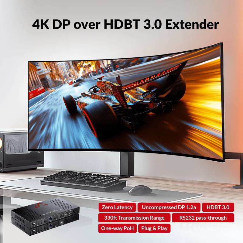 4K60Hz, 2K144Hz, 1080p240Hz DisplayPort KVM-Extender-Set, 4x USB 2.0, Zero Latency, up to 100m, AV Access 4KEX100-DP-Pro