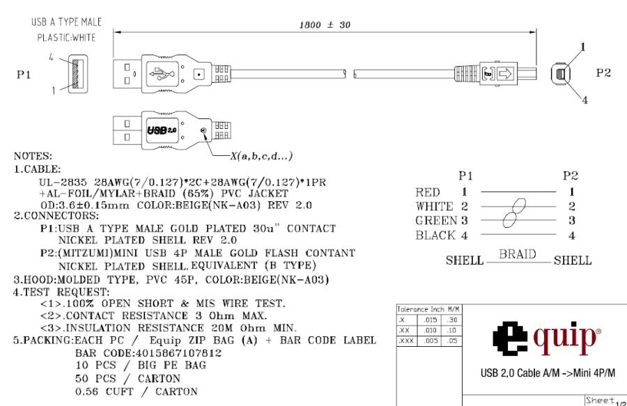 Typ A Male / Mini4P Male USB2.0 1.8M Adaptercable - 128520