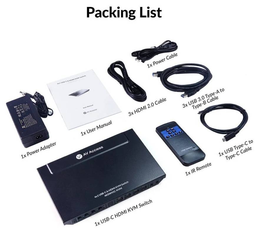 1x Notebook USB-C and 3x PC 4K60Hz HDMI KVM-Switch with USB 3.0 and Hotkey-Switching, AV Access 4KSW41C-KVM